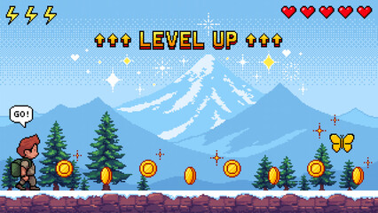 Poster - Pixel art game level vector with adventurer character and coins for retro gaming and app development.