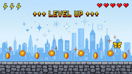 Poster - Retro pixel art game level vector showing a city skyline with coins and a butterfly, signifying level completion.