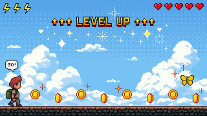 Poster - Pixel art game level with a man and coins. Retro video game screen with level up message and bright blue sky.