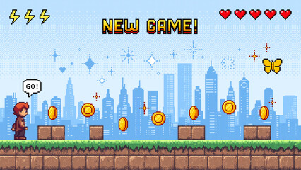 Poster - A pixel art game level showing a man on a platform collecting golden coins in a city setting for gaming or app design.
