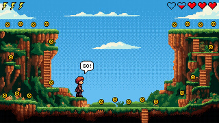 Poster - Pixel art game level with a man standing on a cliff. Fantasy adventure video game scene with coins, hearts, and lightning bolts on sky.