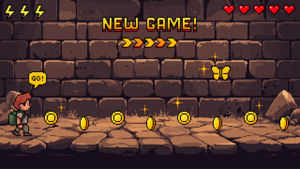 Poster - Pixel art game level with a man and coins on a stone wall background. 