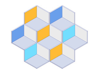 Poster - Isometric view of interconnected hexagonal rooms in a network. Abstract architectural blueprint or modular design concept.