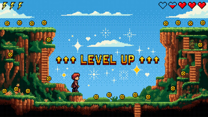 Poster - A boy stands on a cliff in a pixel art game level with 
