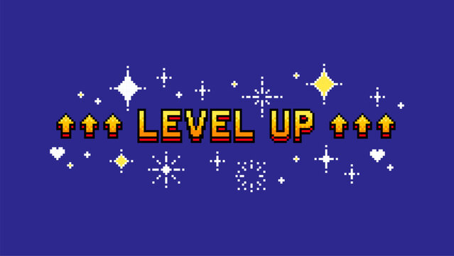 Pixel art game level up sign with golden text and red arrows. Retro video gaming concept for success.