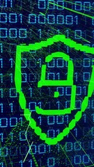 Poster - Animation of green lock icon, abstract pattern on digital interface with binary codes