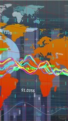Poster - Animation of statistical data processing over world map against aerial view of cityscape
