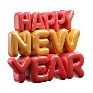 3d happy new year text with red and gold balloons isolated on transparent background