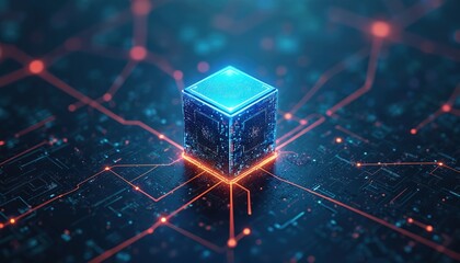 Fototapete - Abstract glowing blue cube on circuit board with red network connections. Represents quantum computing, machine learning, blockchain, futuristic technology concepts. High-tech digital background with