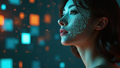 Fototapete - Woman with VR digital projections on face. Futuristic technology innovation concept. Glowing binary code, cyberspace, earth network, futuristic vision. Artificial intelligence, cybernetic, digital