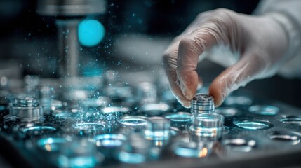 Poster - Skilled watchmaker wearing protective gloves meticulously positioning polished watch bearings onto specialized cooling tray following precise supercritical fluid cleaning procedure