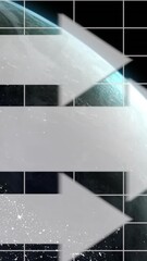 Poster - Animation of arrow on grid pattern and rotating globe over black background