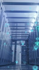 Poster - Animation of connected icons, mathematical equation, computer language over server room