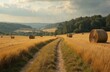 © Maryna - Golden wheat field in French countryside with large round hay bales, dirt path. Rolling hills, green forests, cloudy sky create serene rural landscape. Harvested agricultural crop ready for transport.