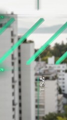 Poster - Animation of lines in viewfinder, changing numbers over modern buildings against sea and mountains