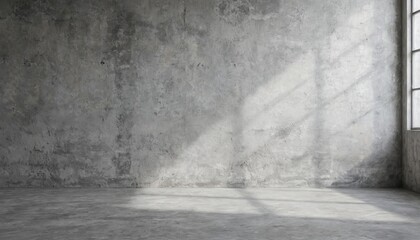 Aufkleber - Minimalist grey concrete studio backdrop with rustic plaster wall texture. Sunlight streams through window creating geometric shadow patterns on floor, wall, perfect for product displays, advertising.
