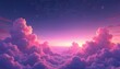 © Maryna - Vibrant illustration of pink, purple clouds against deep blue starry sky. Scene evokes dreamlike, ethereal atmosphere with soft glow emanating from horizon. Digital art piece offers futuristic,
