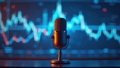 Poster - Retro microphone in front of glowing blue stock market chart. Ideal for podcasts, radio, financial news, or business broadcasts. Symbolizes investment, economy, and market trends.