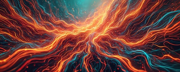 Aufkleber - Abstract illustration features glowing organic lines in fiery orange, cool teal hues. Flowing, interwoven pattern creates sense of energy, movement. Background soft, blurred effect, emphasizing