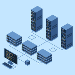 Poster - Isometric monitoring big data storage. Data transmission technology. Online hosting technology concept. Isometric technology