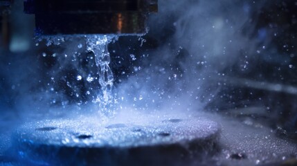 Poster - Liquid nitrogen pours from a nozzle into a vacuum chamber, creating a swirling vortex and glimmering droplets, setting the stage for cryogenic foam production