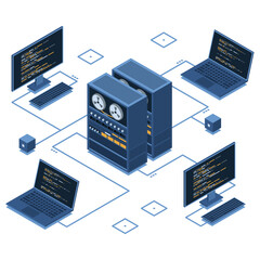 Fototapete - Isometric server connecting computers. Network connection. Computing internet digital technology. Web hosting concept. Isometric technology