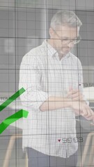 Poster - Animation of green graph processing over diverse male and female colleague talking at casual office