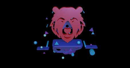 Poster - Red bear head icon on a pedestal of abstract geometric shapes floating in the air. Abstract concept art with flying shapes in the center. 3d illustration on black background