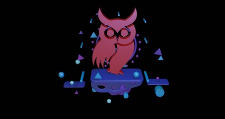 Poster - Red owl symbol on a pedestal of abstract geometric shapes floating in the air. Abstract concept art with flying shapes in the center. 3d illustration on black background