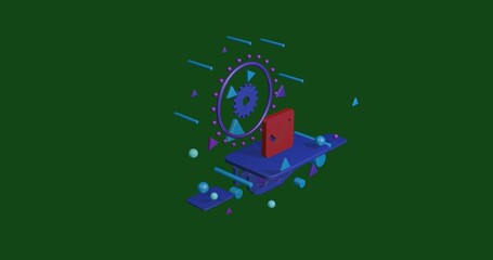 Poster - Red checkbox symbol on a pedestal of abstract geometric shapes floating in the air. Abstract concept art with flying shapes in the center. 3d illustration on green background