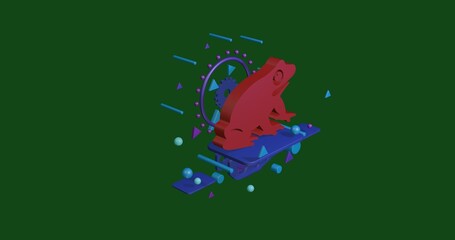 Poster - Red funny frog on a pedestal of abstract geometric shapes floating in the air. Abstract concept art with flying shapes in the center. 3d illustration on green background