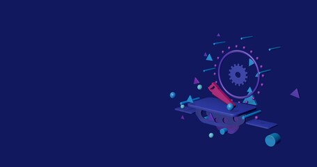 Poster - Pink hand saw symbol on a pedestal of abstract geometric shapes floating in the air. Abstract concept art with flying shapes on the right. 3d illustration on indigo background