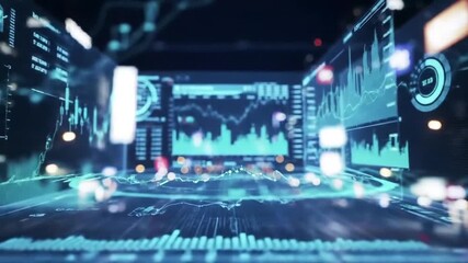 Poster - Abstract Digital Data Visualization with Glowing Teal Charts on Cityscape Backdrop During Night