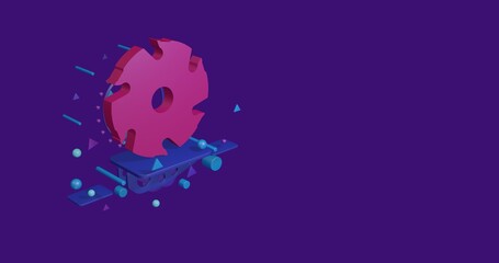 Poster - Pink milling disc symbol on a pedestal of abstract geometric shapes floating in the air. Abstract concept art with flying shapes on the left. 3d illustration on deep purple background