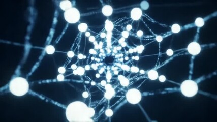 Poster - Abstract Glowing White Spheres and Lines Network Structure on Dark Blue Background Represents Interconnected Futuristic