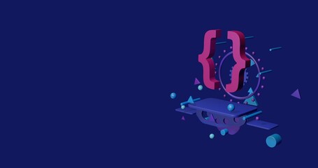 Poster - Pink curly brackets symbol on a pedestal of abstract geometric shapes floating in the air. Abstract concept art with flying shapes on the right. 3d illustration on indigo background