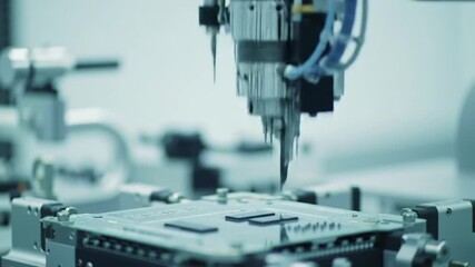Poster - Automated Robotic Arm Precision Component Placement on Circuit Board in a Modern Factory with White Background