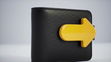 Poster - Black Leather Wallet with Prominent Yellow Arrow on Plain White Background Represents Financial Transaction Business