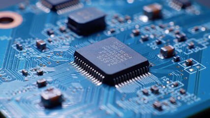 Poster - Blue Circuit Board Featuring Integrated Circuit and Complex Network of Electronic Components and Interconnections