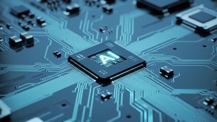 Poster - Blue Circuit Board Featuring Artificial Intelligence Microchip Close Up