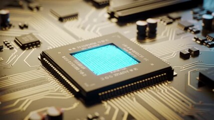Poster - Central Processing Unit Microchip on Circuit Board with Glowing Blue Elements in a Detailed Macro Shot Close Up