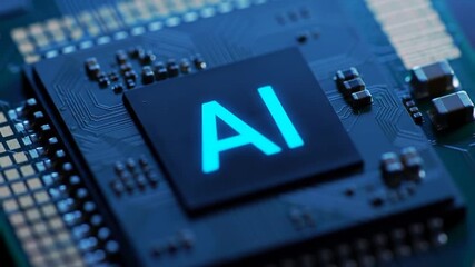 Poster - Close Up Computer Chip with Bright Blue Ai Graphic Overlay Highlighting Artificial Intelligence and Technology Concept