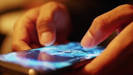Poster - Close up of Hands Holding Smartphone with Blue Digital Display Illuminated in Warm Lighting for Technology