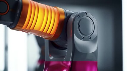 Poster - Close Up Of Industrial Robotic Arm with Orange Lighting On Gray Metallic Structure Automated Factory Tool With Gray