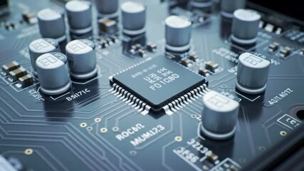 Poster - Complex Computer Circuit Board with Integrated Chips and Capacitors Close Up