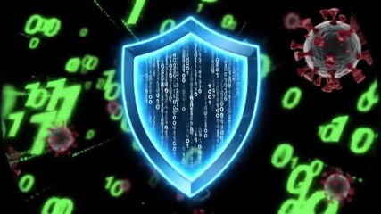 Poster - Cybersecurity Shield Illuminates Digital Network with Binary Data and Virus Symbols in Dark Background Animation