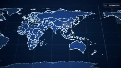 Poster - Dark Blue World Map with Glowing Lights and Highlighted Borders on Grid Background