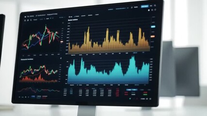 Poster - Dark Stock Market Interface with Multiple Computer Screens in Office Background