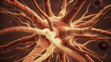 Poster - Detailed 3D Render of a Neuron Cell with Branching Dendrites in Reddish Brown Background