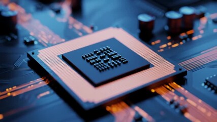 Poster - Detailed Microchip on Circuit Board with Dark Blue Casing and Orange Pins Represents Modern Technology And Electronic